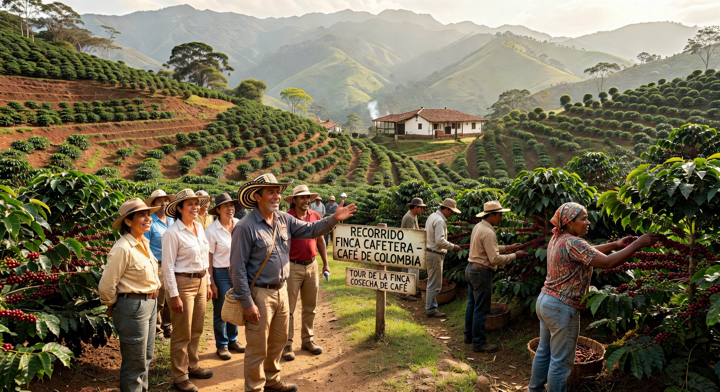 A coffee farmer among lush green plants at a Colombian finca in the Zona Cafetera