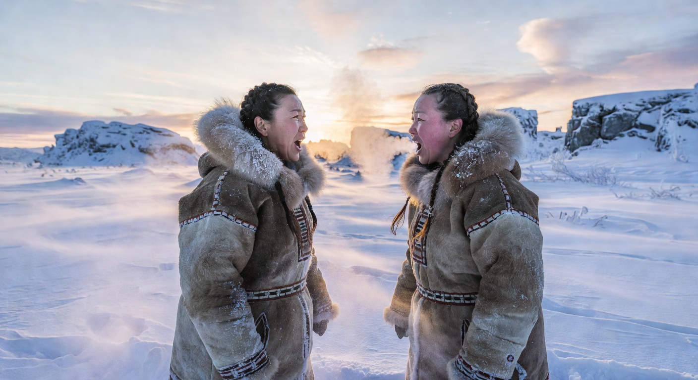 Two Inuit women performing katajjaq throat singing face to face