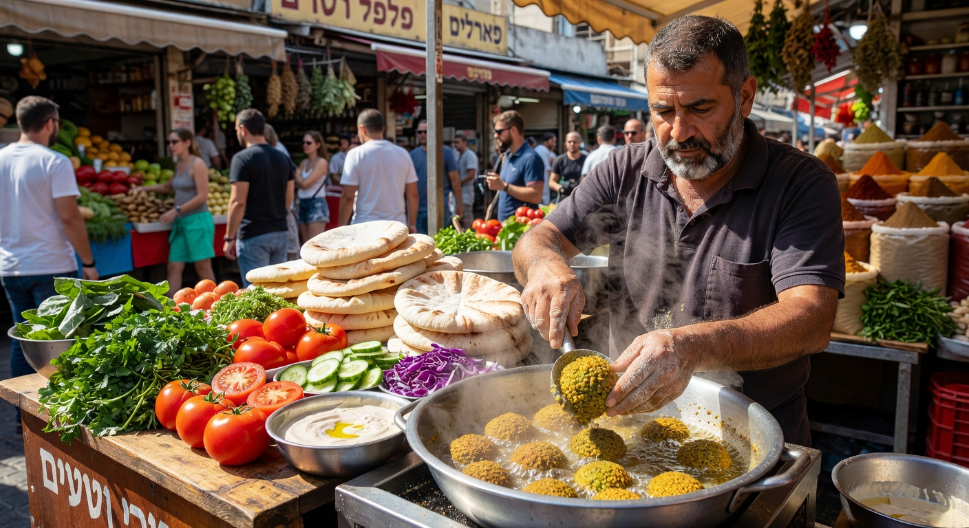 Freshly made falafel balls being lifted from hot oil at a street stand in Israel