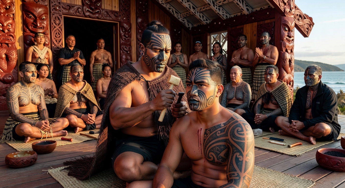 A Māori person with traditional tā moko facial tattooing