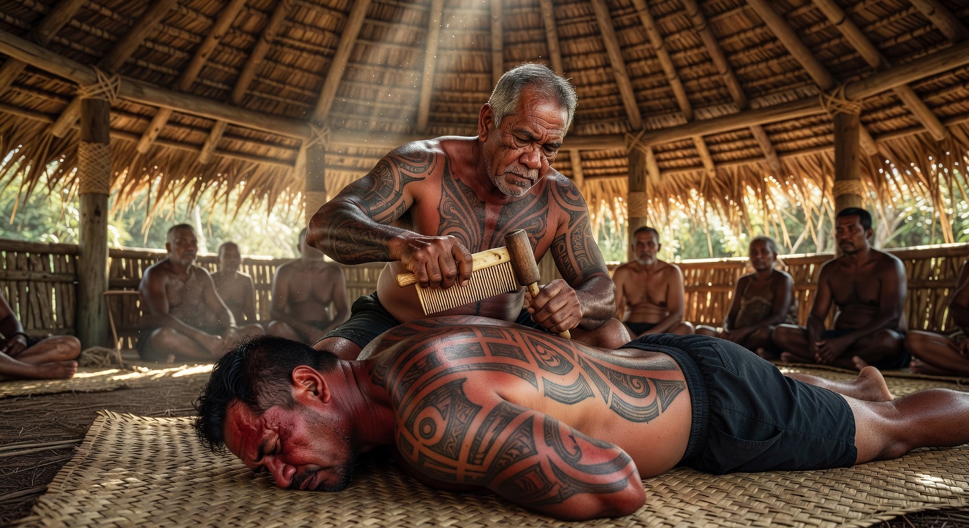 A traditional Samoan pe'a tattooing ceremony in progress